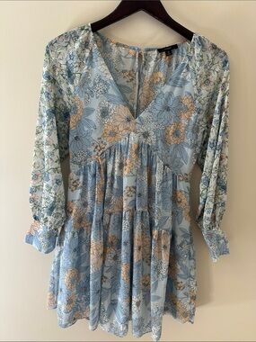 J. Crew Light Blue Floral Tiered Peasant Dress. Gorgeous Button/Bow Detail.
